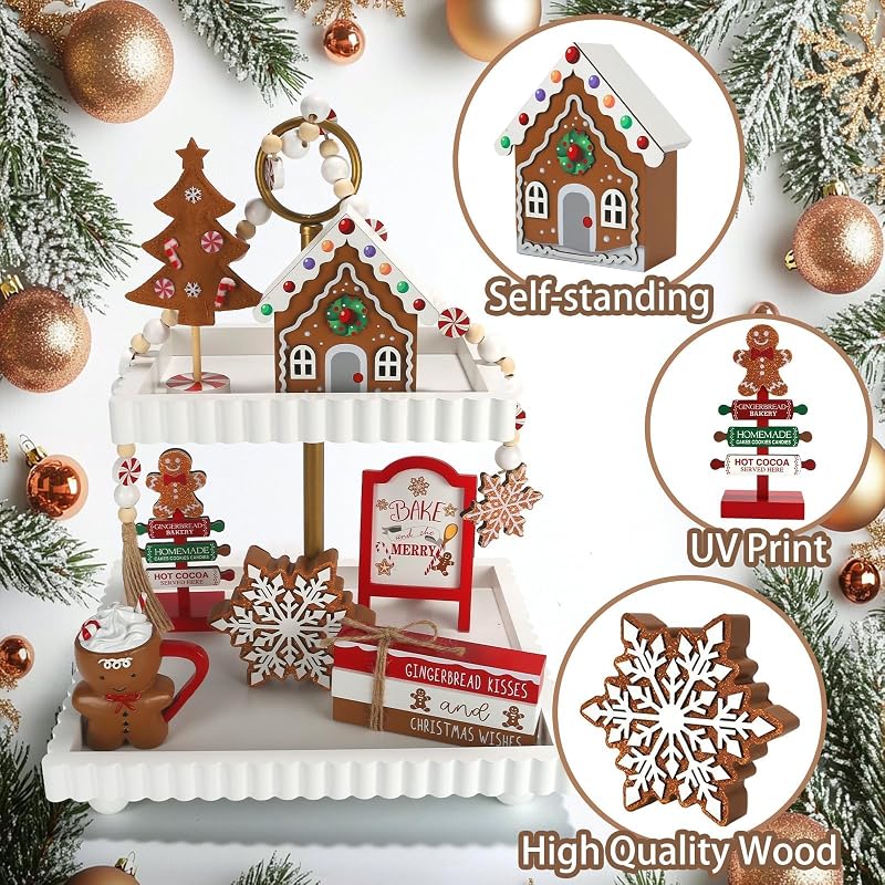 Gingerbread Christmas Decorations 8-Piece Tiered Tray Decor Set - Gingerbread Xmas Variation