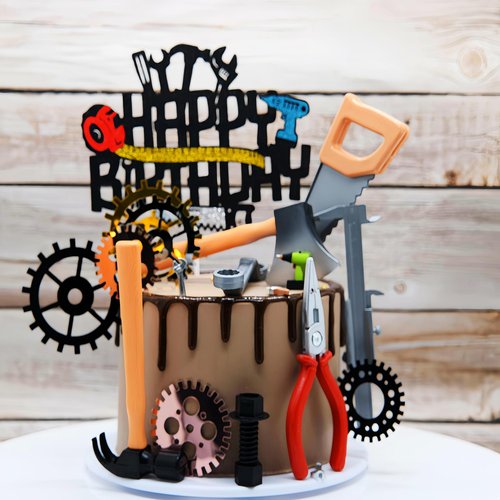 Tools Cake Topper Wrench Hammer Drill Plier Handsaw Tape Measure Screwdrivers Themed Happy Birthday Party Cake Decor