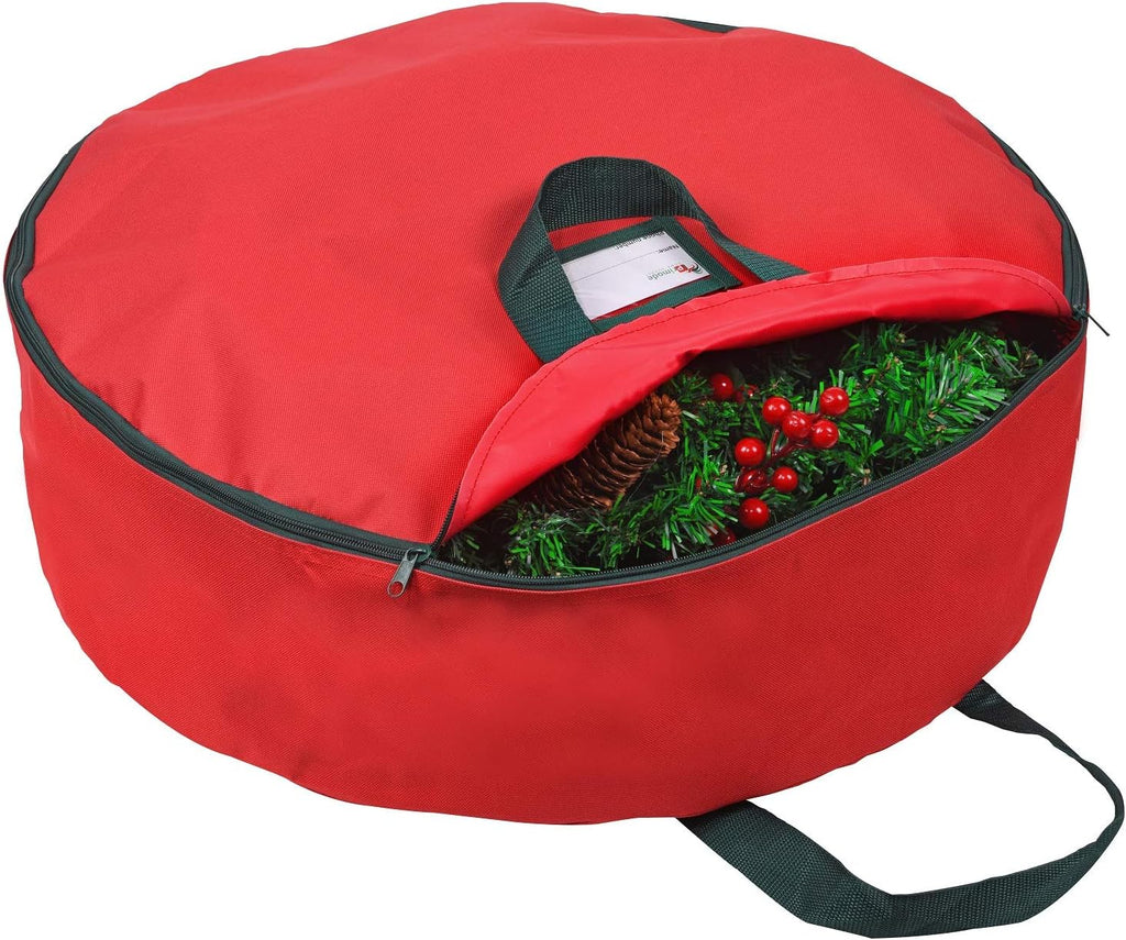 Primode Heavy Duty Christmas Wreath Storage Bag - Durable 600D Oxford Polyester, 24” Red Container with Handles
