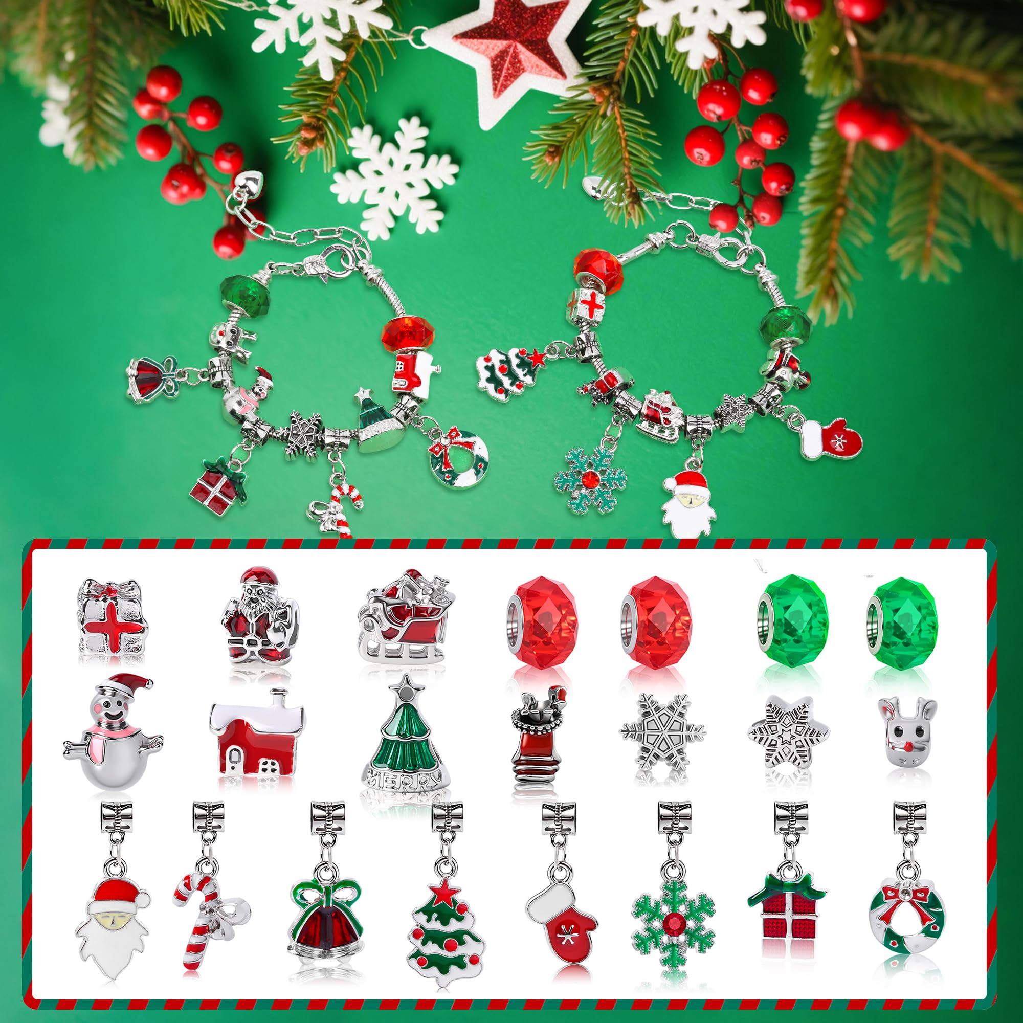 Christmas Advent Calendar Bracelets 2026 for Girls, 24 Days Xmas Countdown DIY Jewelry Kit with 22 Charm Beads and 2 Adjustable Bracelets Gift for Kids Teens Women
