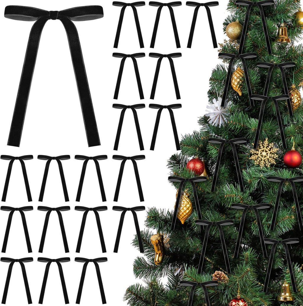 Skiennix 24 Pcs Velvet Bows - Vintage Ribbon Bows for Christmas Tree & Crafts | Black, 5 x 7 Inch