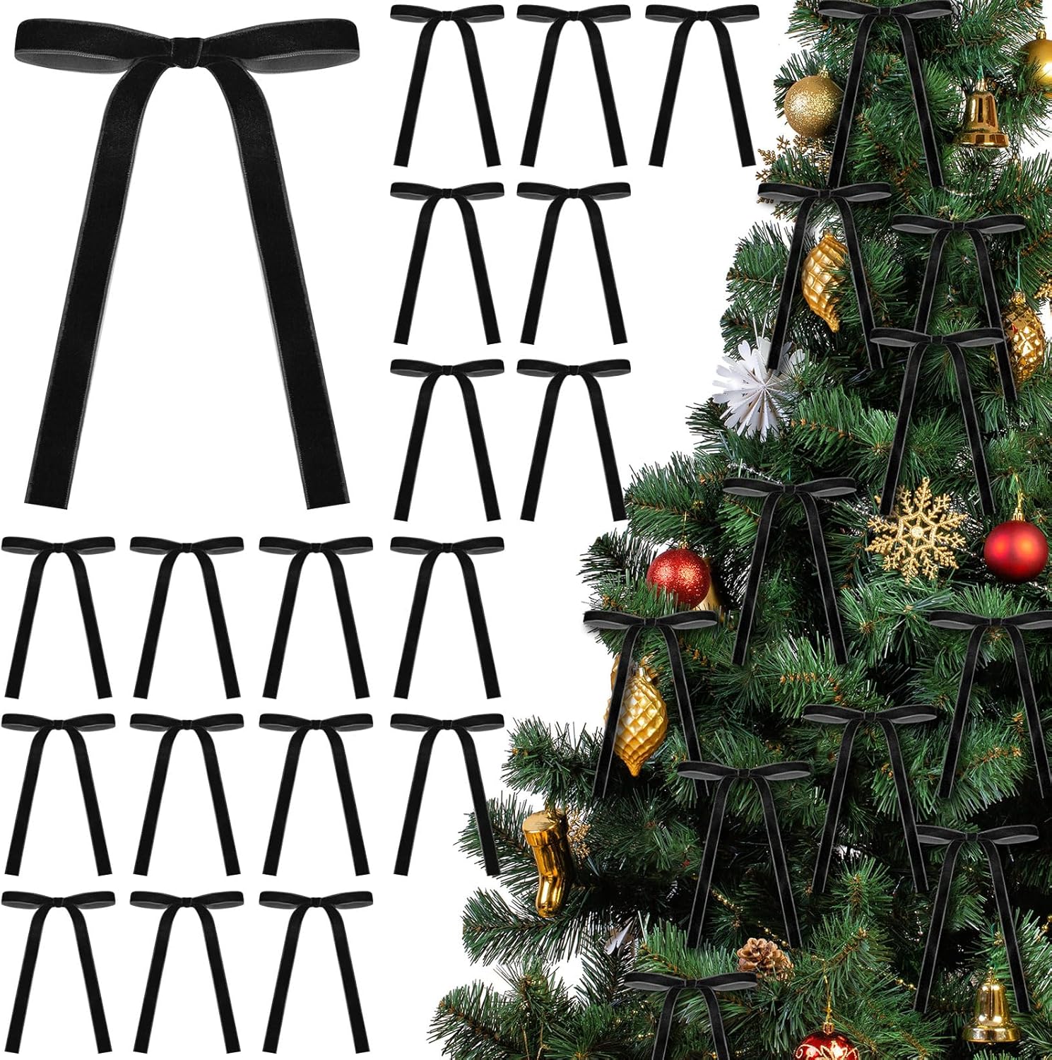 Skiennix 24 Pcs Velvet Bows - Vintage Ribbon Bows for Christmas Tree & Crafts | Black, 5 x 7 Inch