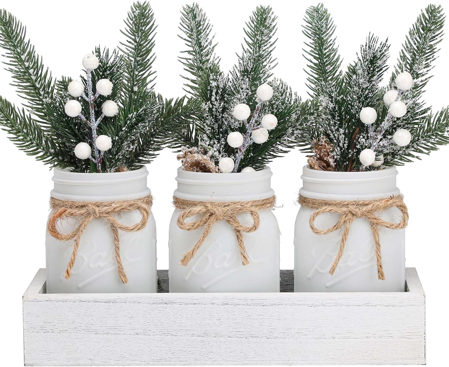 Supreme Lights Christmas Mason Jars - Winter White Decorative Centerpieces for Home Table Decor | Set of 3 with Wood Tray