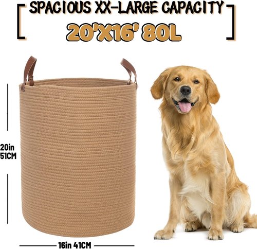 Caroeas XX-Large Cotton Rope Basket - 20'' x 16'' Woven Laundry Hamper with Leather Handles | Brown