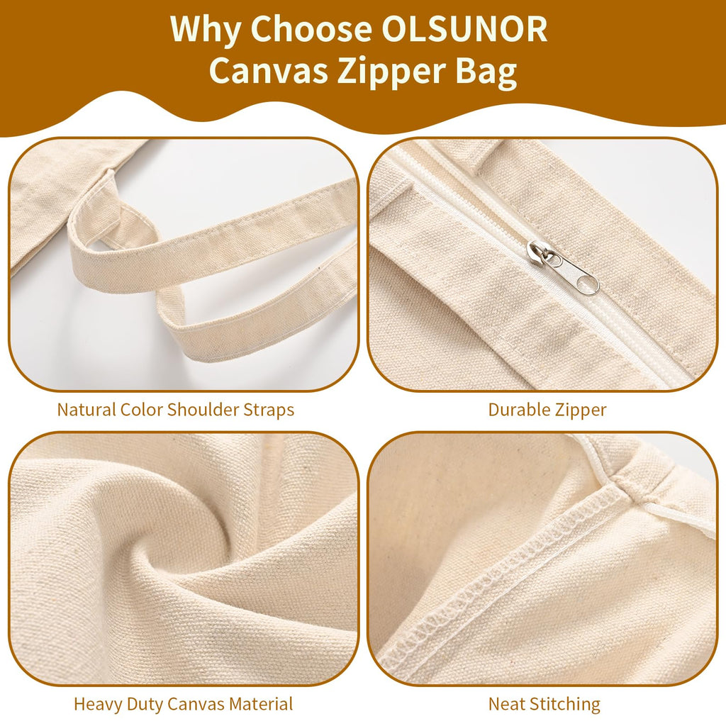 10 Pack Canvas Tote Bag with Zipper, OLSUNOR Reusable Grocery Bags with Long Handle, DIY Heat Transfer Sublimation Blanks Shopping Bags for Advertising, Birthday, New Year, Valentine's Day (Off-white)