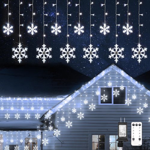 suddus Christmas Snowflake Lights Outdoor, 10.7ft 168 LED Connectable Holiday String Lights Plug in with 14 Drops, Hanging Icicle Lights for Outside, Eaves, House, Window, Yard, Indoor Decor, White