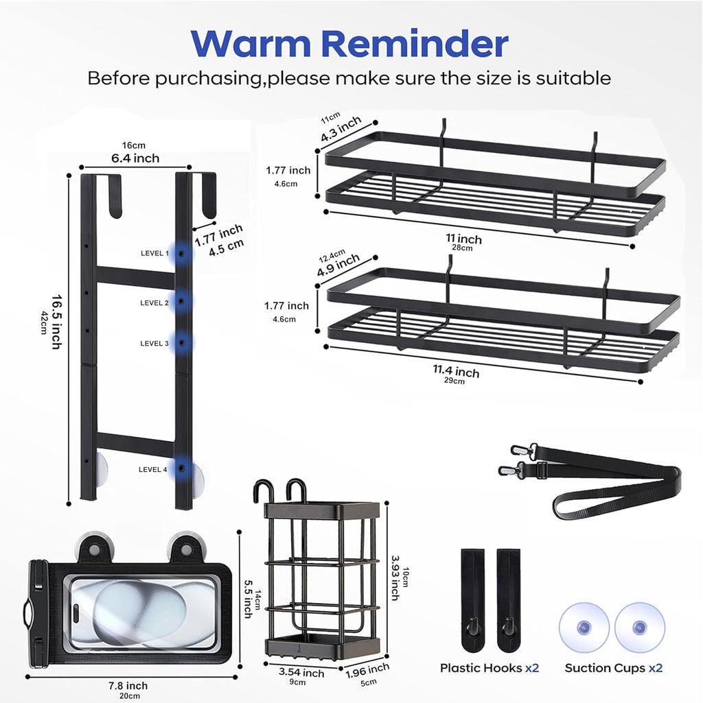 Skiennix Over The Door Shower Caddy - Rustproof 2-Tier Bathroom Organizer with Waterproof Phone Pouch - Black
