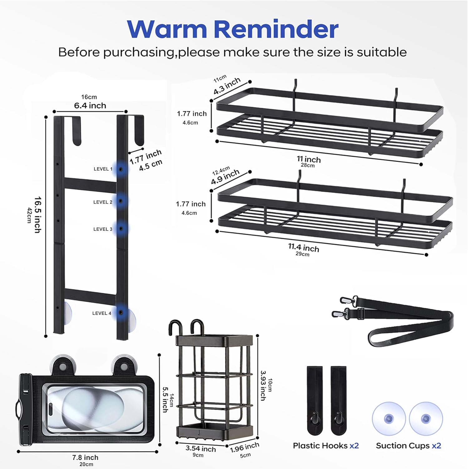 Skiennix Over The Door Shower Caddy - Rustproof 2-Tier Bathroom Organizer with Waterproof Phone Pouch - Black