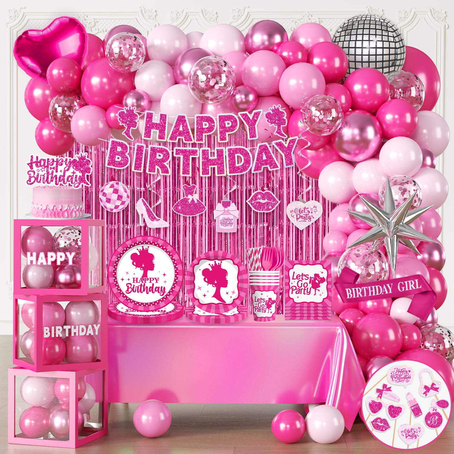 276PCS Hot Pink Birthday decorations Tableware Set Serve 20 Guests, Glitter Happy Birthday Banners, Hanging Swirls, Backdrops, Foil Balloons, Tableware Set, Photo Props for Girls