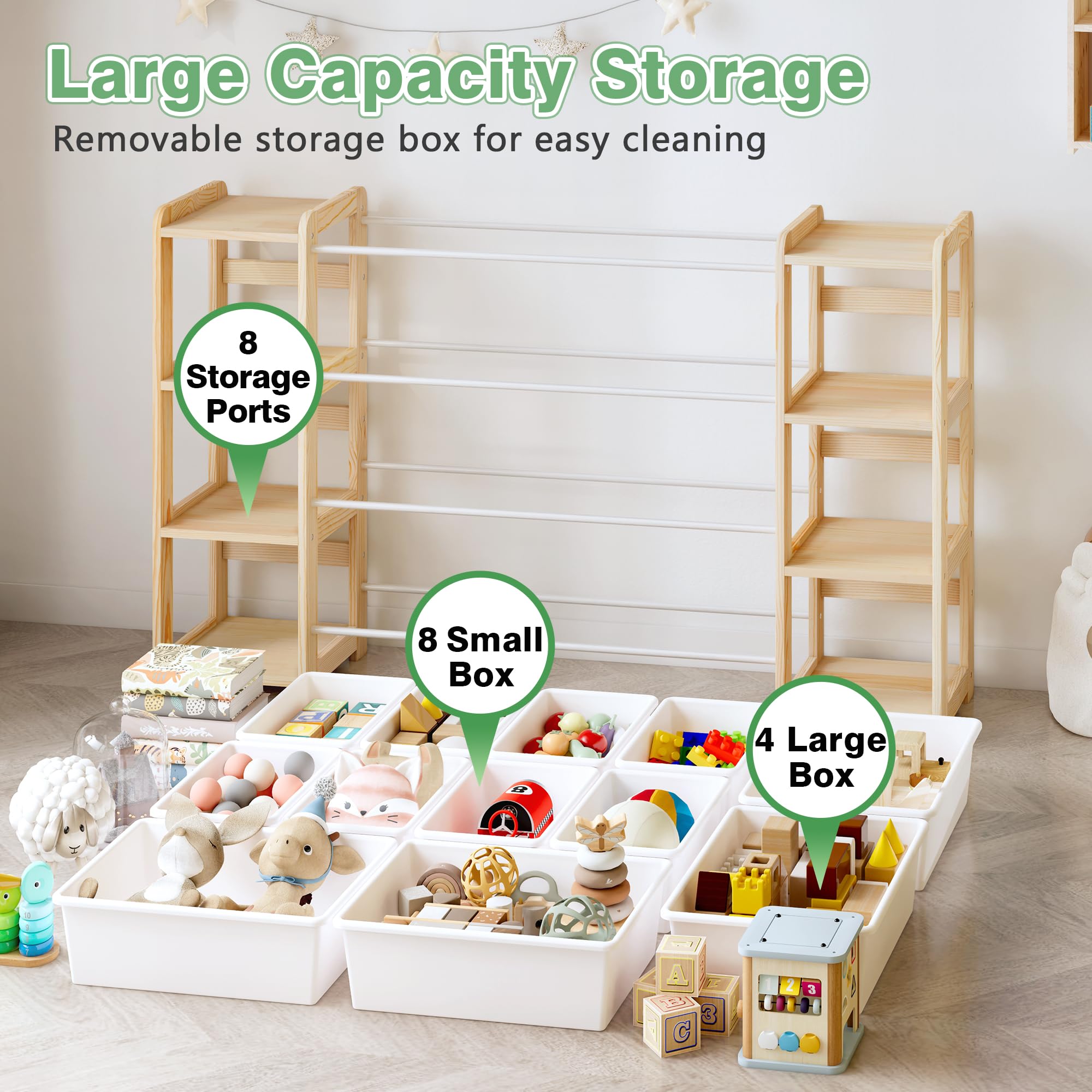 MallBest Extra Wide Toy Storage Organizer with 12 Bins and Dual Bookshelves – Solid Pine Wood Kids Toy Shelf and Bookcase for Bedroom, Nursery, or Montessori Playroom, (Natural)