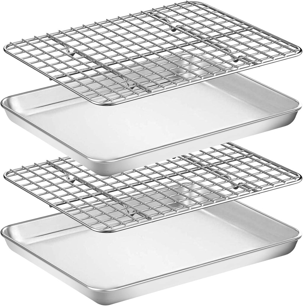 Wildone Baking Sheet Set - Stainless Steel Cookie Pans with Cooling Racks | 10 x 8 Inch, Non-Toxic & Easy Clean
