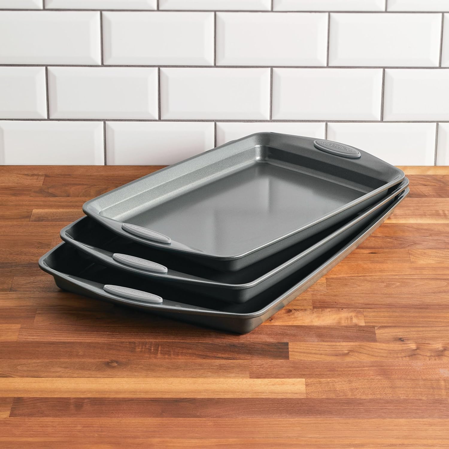 Rachael Ray Nonstick Bakeware Set - 3-Piece Cookie Sheets with Grips, Gray & Sea Salt Gray