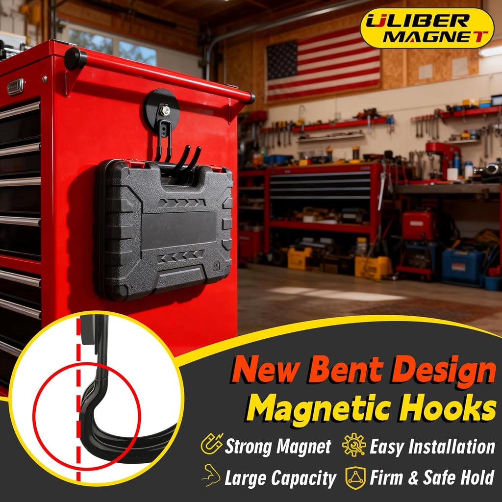 ULIBERMAGNET Extra Large Magnetic Hooks - Heavy Duty 2 Pack for Metal Cabinets & Garages (Black, 3.46 Inch)
