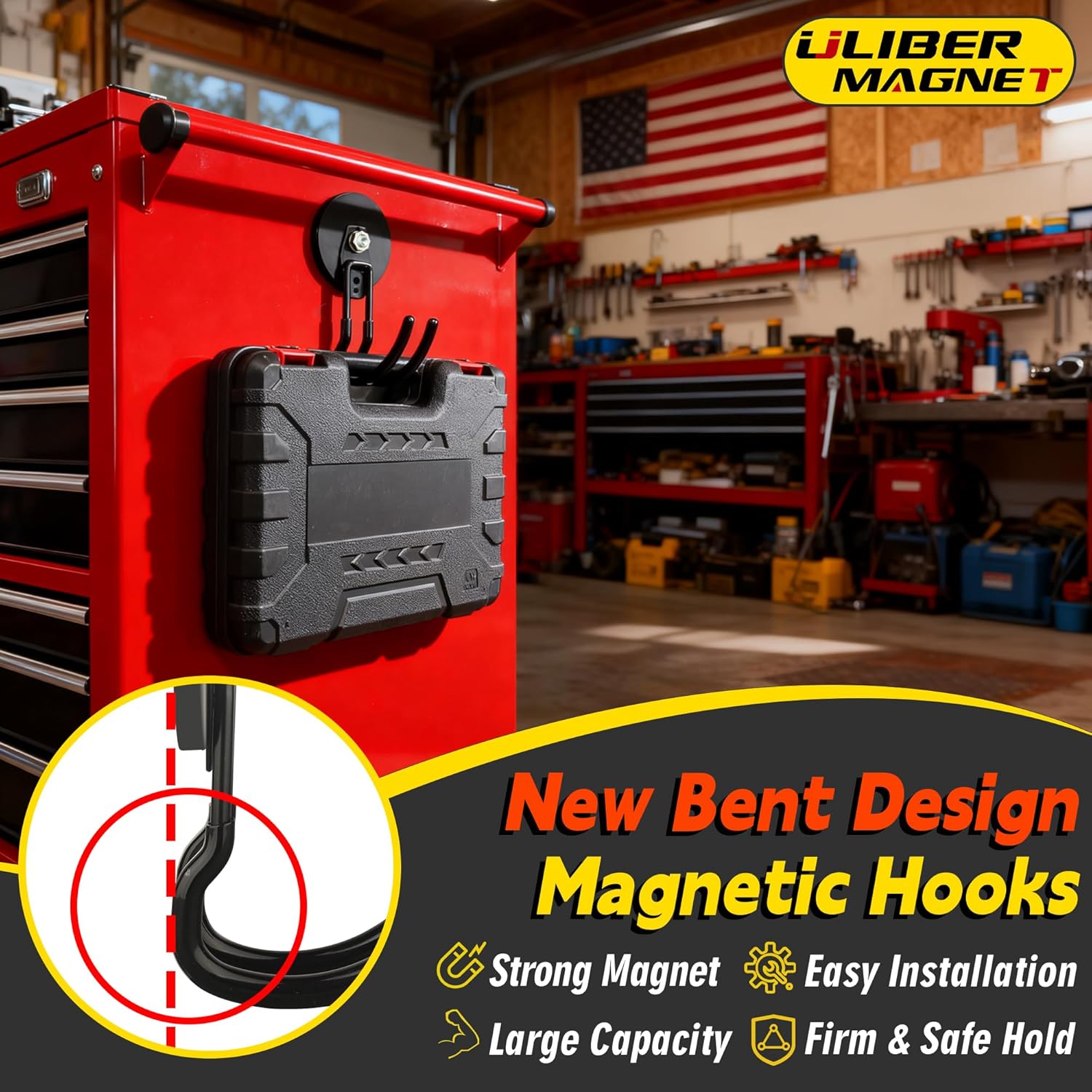 ULIBERMAGNET Extra Large Magnetic Hooks - Heavy Duty 2 Pack for Metal Cabinets & Garages (Black, 3.46 Inch)