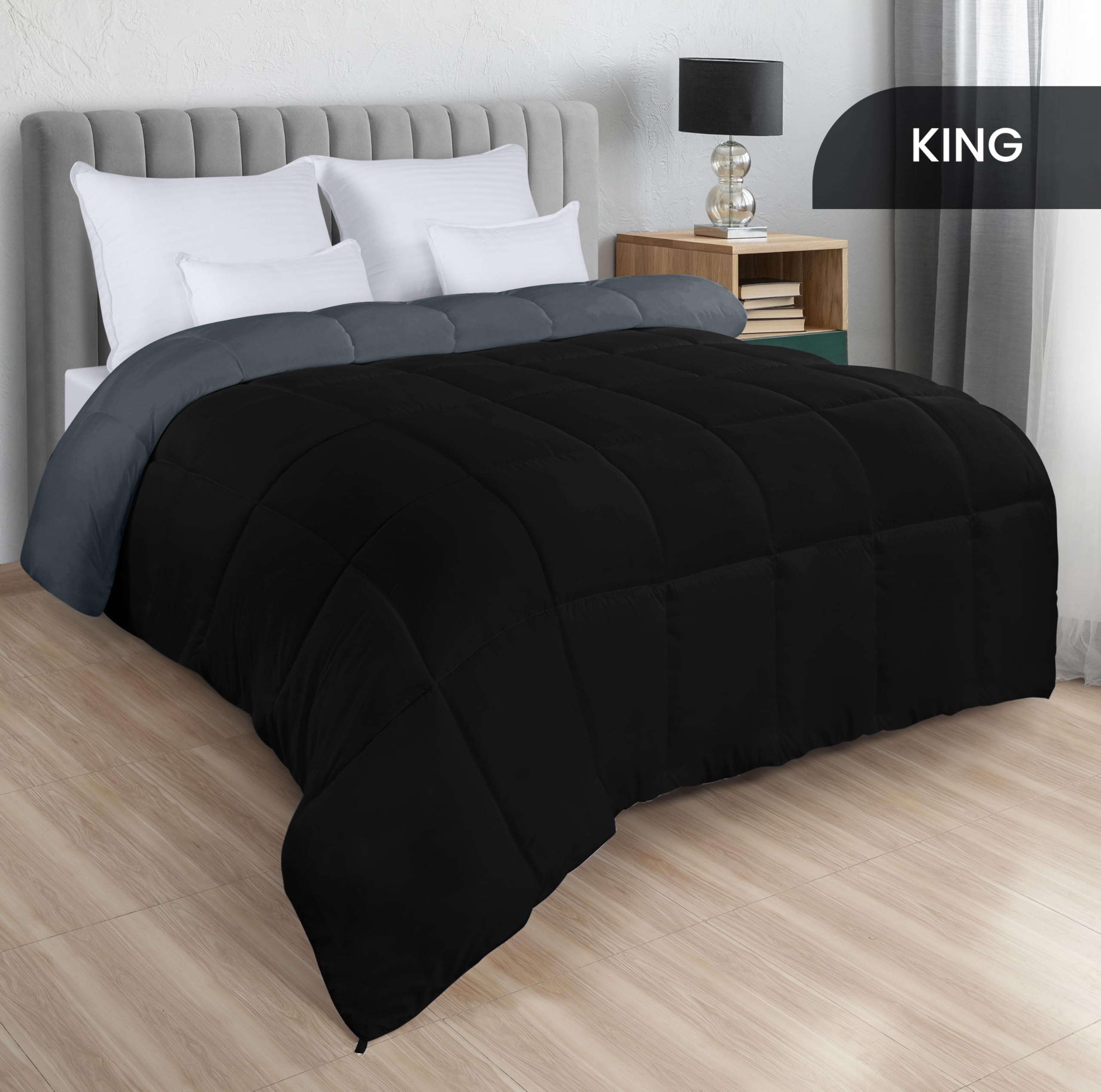 Utopia Bedding Comforters King Size, All Season Duvet Insert, Down Alternative Box Stitched Bed Comforter with Corner Tabs, Machine Washable (Black/Grey)