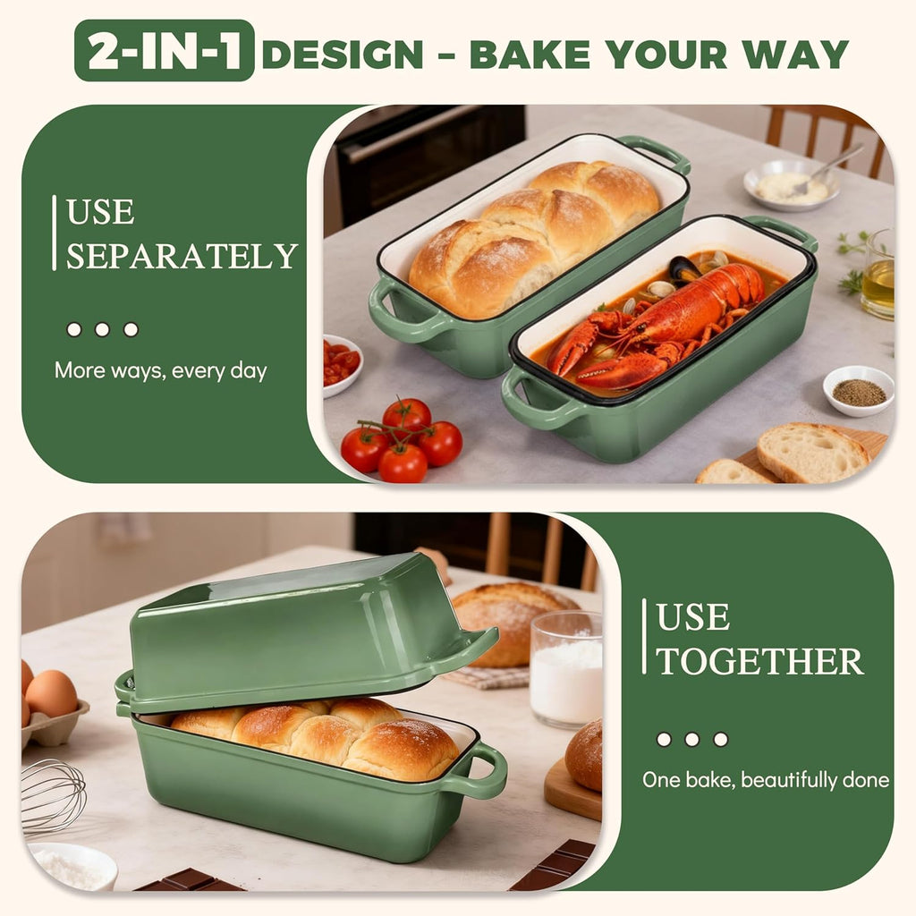 Skiennix Cast Iron Bread Pan - 11x5 Inch Sourdough Baking Pan with Lid | Even Heat Distribution, 5.8Qt, Pistachio