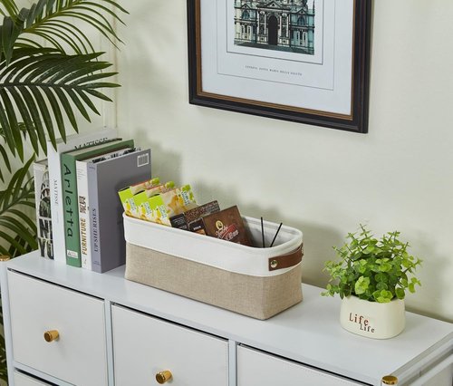 DECOMOMO Narrow Storage Bins - Small Organizing Baskets for Bathroom & Entryway | Beige & White Set of 4