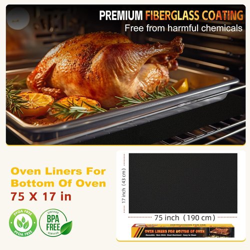 Large Oven Liners - 17"x75" Heavy-Duty Non-Stick Baking Mat | Reusable & Heat Resistant, BPA/PFOA Free (Black)