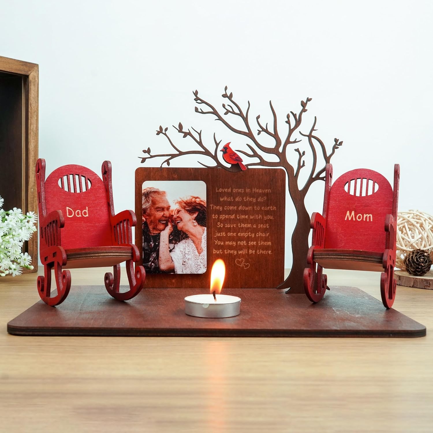 Cardinalis Memorial Candleholders - Personalized Rocking Chair Tribute for Loved Ones | Wooden Keepsake Decor