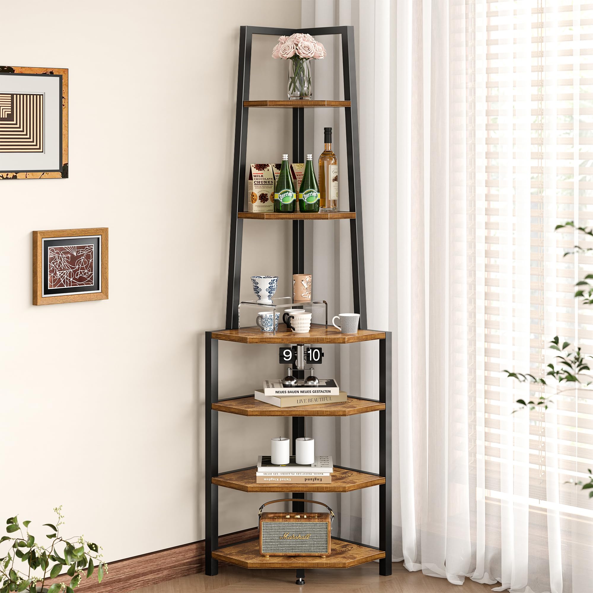 VECELO 6 Tier Corner Shelf 69 Inch Industrial Bookshelf with Metal Frame, Multipurpose Tall Plant Stand with Opening Display Shelves for Living Room, Bedroom, Home Office, Small Space, Brown