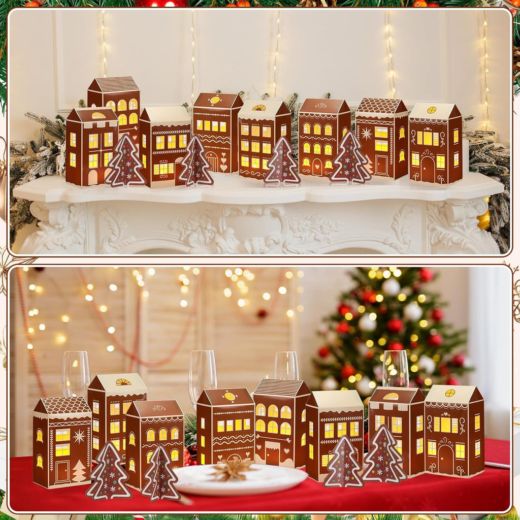 Reallnaive 20 Pcs Large 8" Christmas Cardboard Village Houses Set - DIY LED Candle Decor for Home & Party (Gingerbread, Brown)