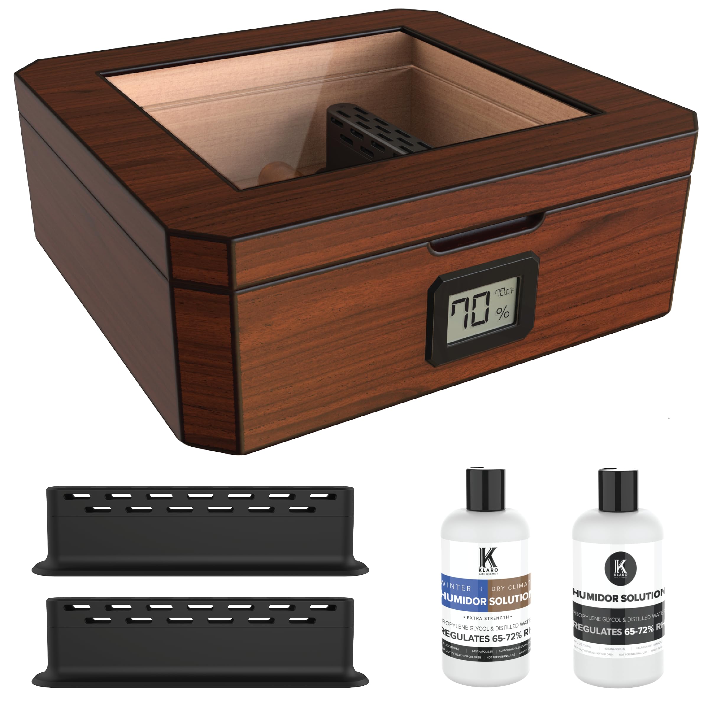 CASE ELEGANCE MAG Cigar Humidor, Walnut Finish, Holds 20-30 Cigars, Glass Top with Magnetic Seal, Octagon Shape, Digital Hygrometer, Spanish Cedar, New Hydro Channel