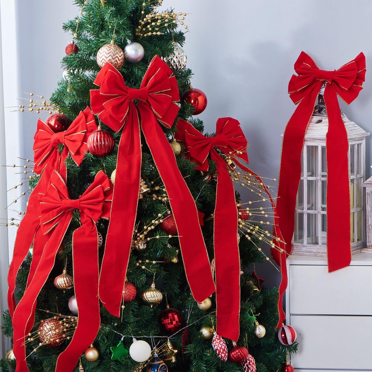 JOYIN 3PCS Big Red Velvet Christmas Bows, 30.7" Long by 10.6" Wide Giant Velvet Decor for Christmas Tree, Large Wreath Bows, Indoor Outdoor Holiday Xmas Decorations