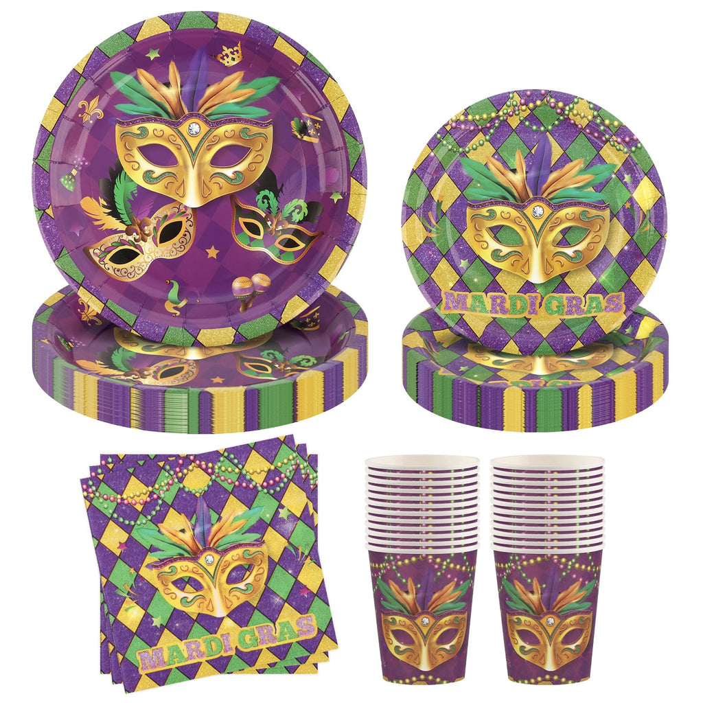 Arosche Mardi Gras Decorations Party Supplies Set for 24-Disposable Paper Plates and Napkins, Cups, New Orleans Masquerade Beads Holiday Tableware Party Decorations for Fat Tuesday Party Table Decor