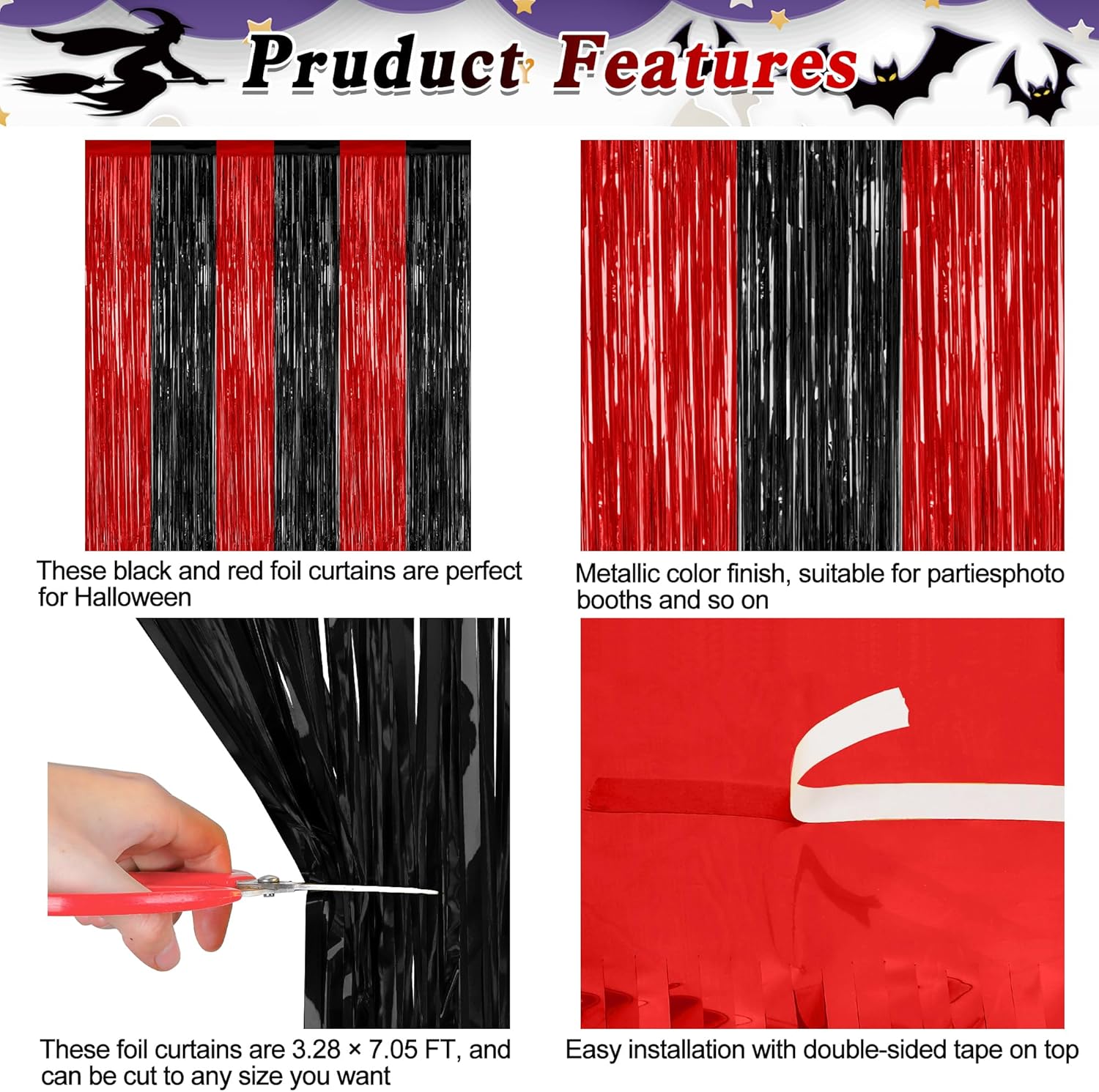 Regine Switzerland Halloween Wall Backdrop - 4 Pack Red & Black Metallic Tinsel Curtains | 3.28 FT x 7.05 FT