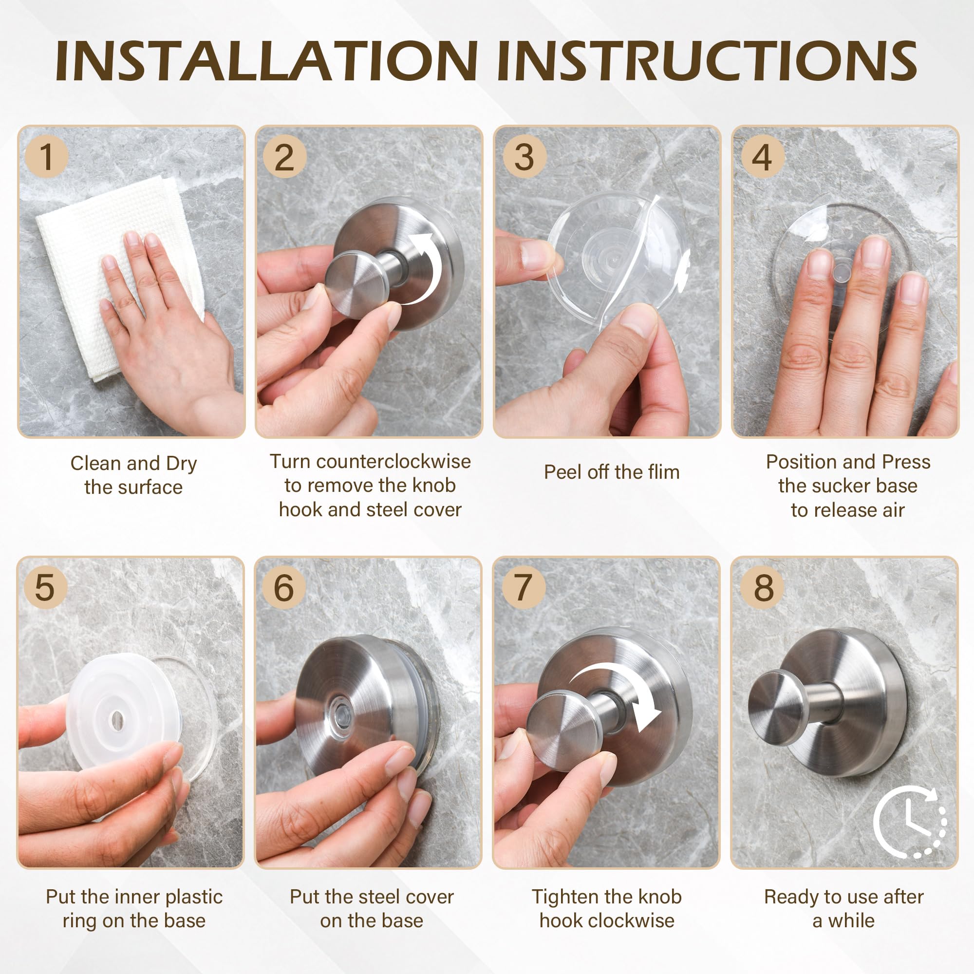Ninth Five Suction Cup Hooks for Shower, Bathroom Wall Door Hooks for Towels, Robes, Loofahs Hanging, Removable Suction Towel Hook for Tile Glass Mirror, No Drill(4 Pack, Silver)