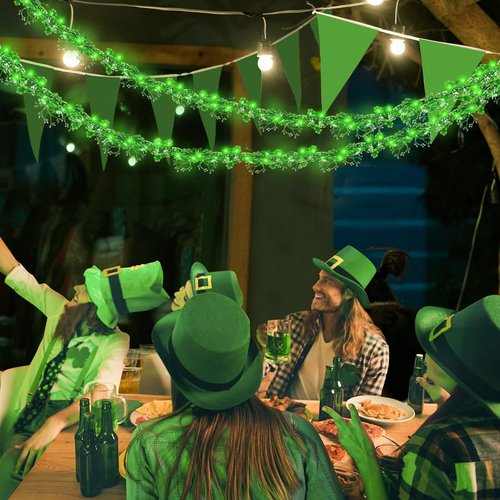 MJZ 2 Pack 9.85 FT St Patrick's Day Garland with Green LED Lights, Battery Operated Irish Shamrock Garland Fairy Lights with 8 Modes, St Patricks Day Decorations for Mantle Porch Door Stairs Table
