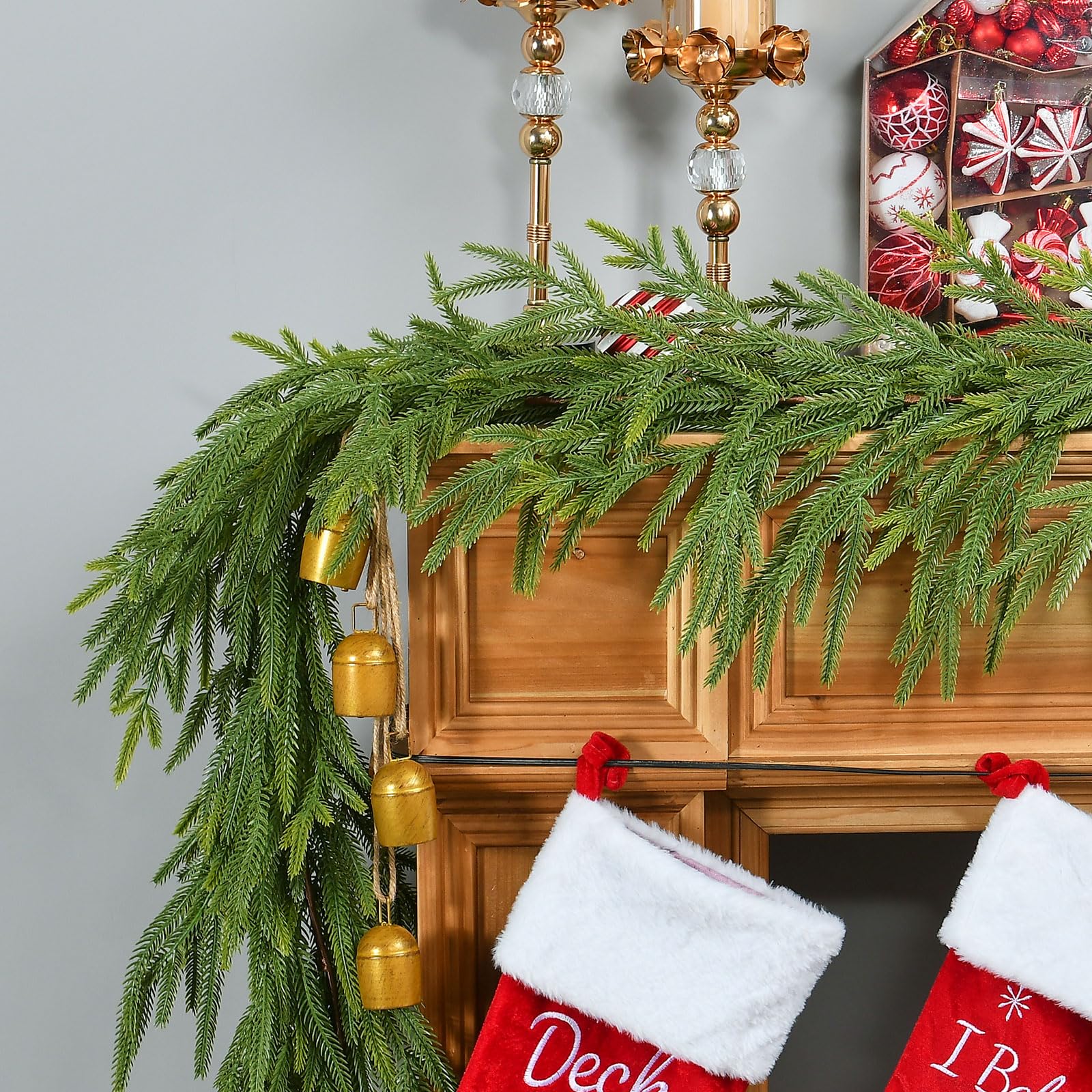 2 PCS 9 FT Artificial Norfolk Pine Garland, Real Touch Christmas Garland, Faux Winter Pine Garland for Fireplace Mantle Table Wall Stair Indoor Outdoor Xmas Holiday Christmas Decorations