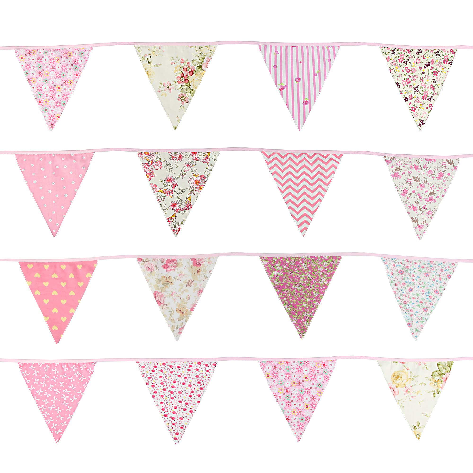 G2PLUS 39Ft Triangle Bunting Banner, 42Pcs Pink Floral Garland Pennant Banner, Reusable Cotton Triangle Flags Party Decoration for Birthday, Wedding, Garden Tea Party, Baby Shower, Room Decor