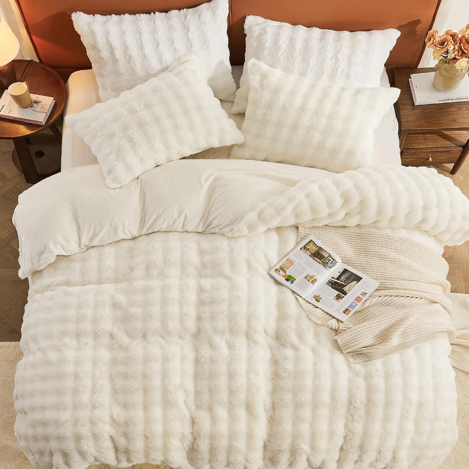 EMME Faux Fur Duvet Cover King Size, 3 Pieces Ultra Soft Fluffy Comforter Cover, Cozy Warm for Winter, Luxury Elegant Shaggy Bubble Design Bedding, 1 Duvet Cover & 2 Pillow Shams (King, Cream White)