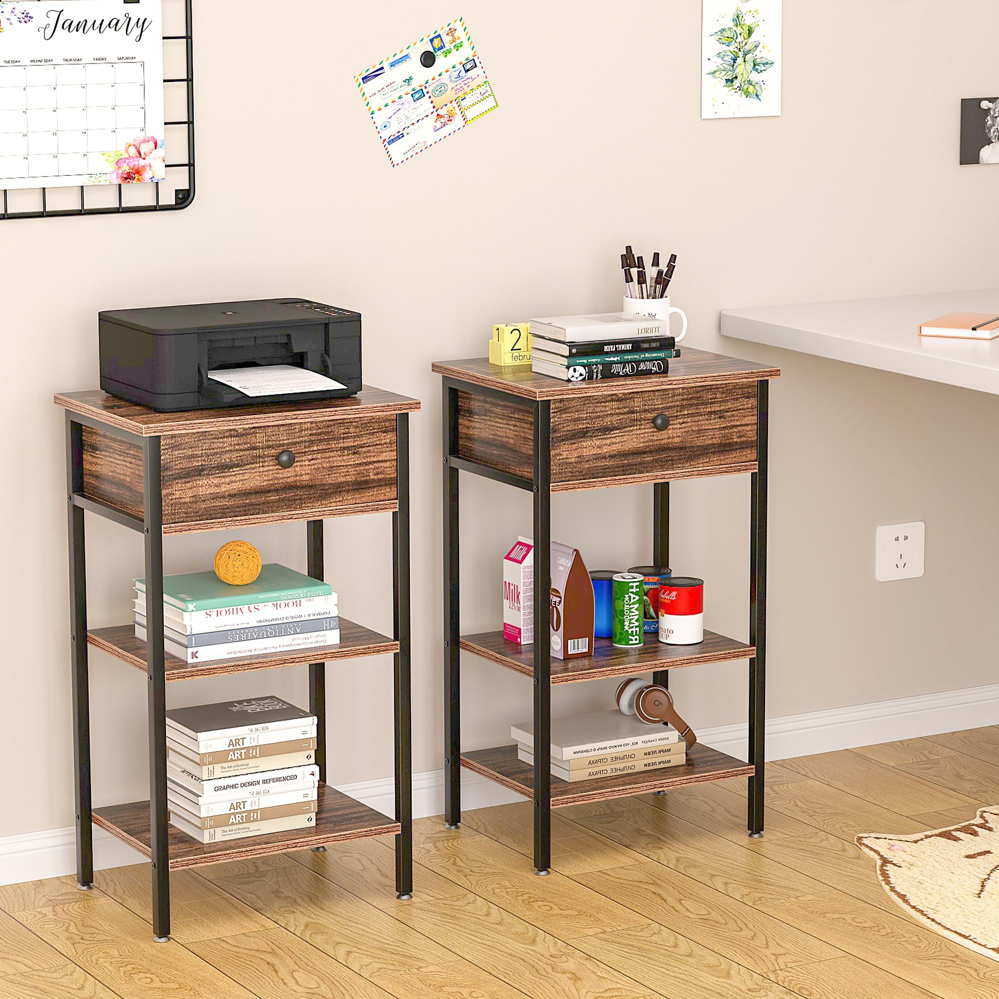 VECELO 28 Inch End Table,Industrial Retro Side Table Nightstand Storage Shelf Tall End Table Easy Assembly Nightstand for Living Room Bedroom Kitchen Family and Office Set of 2,Brown