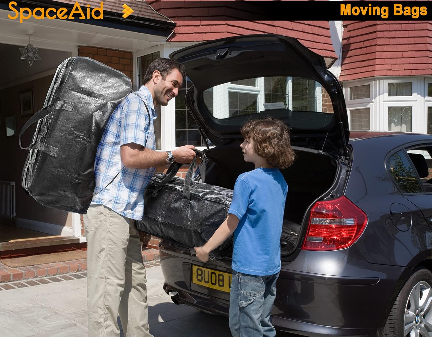 SpaceAid Heavy Duty Moving Bags - 8 Pack Large Storage Totes with Backpack Straps & Strong Handles | Black