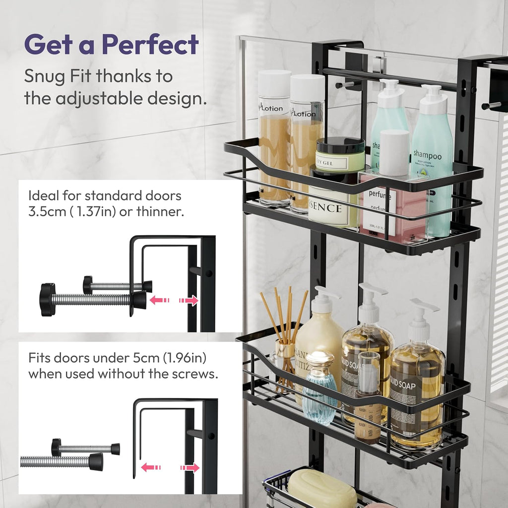 SWTYMIKI Over The Door Shower Caddy - 3-Tier Adjustable Organizer with Soap Holder | No-Drill Stainless Steel, Black