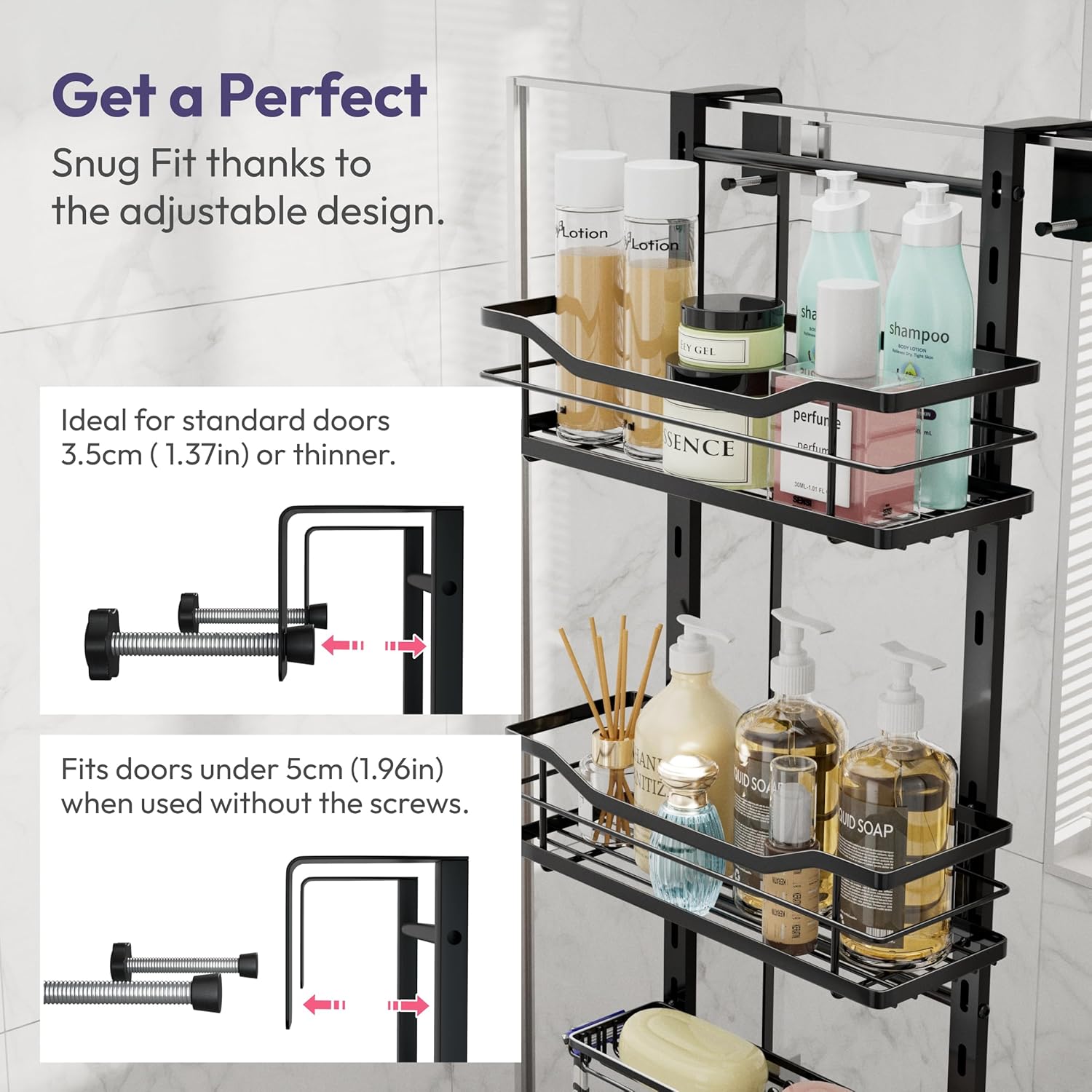SWTYMIKI Over The Door Shower Caddy - 3-Tier Adjustable Organizer with Soap Holder | No-Drill Stainless Steel, Black