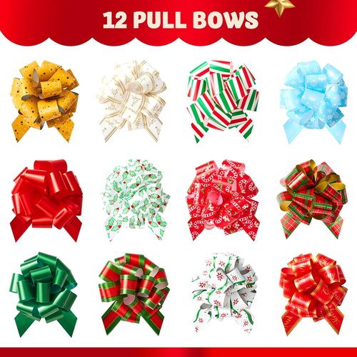 JOYIN 12 PCS Large Christmas Pull Bows - 5” Wide Gift Wrapping & Holiday Décor for Trees, Wine Bottles, & More