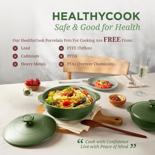 MINH LONG 1-Qt Porcelain Dutch Oven with Lid – Lead & Cadmium Free, Oven Safe to 482°F, Heat Retention, Clay Pot for Cooking on Gas & Infrared Cooktop, Use to Marinate, Cook, Bake, Refrigerate & Serve