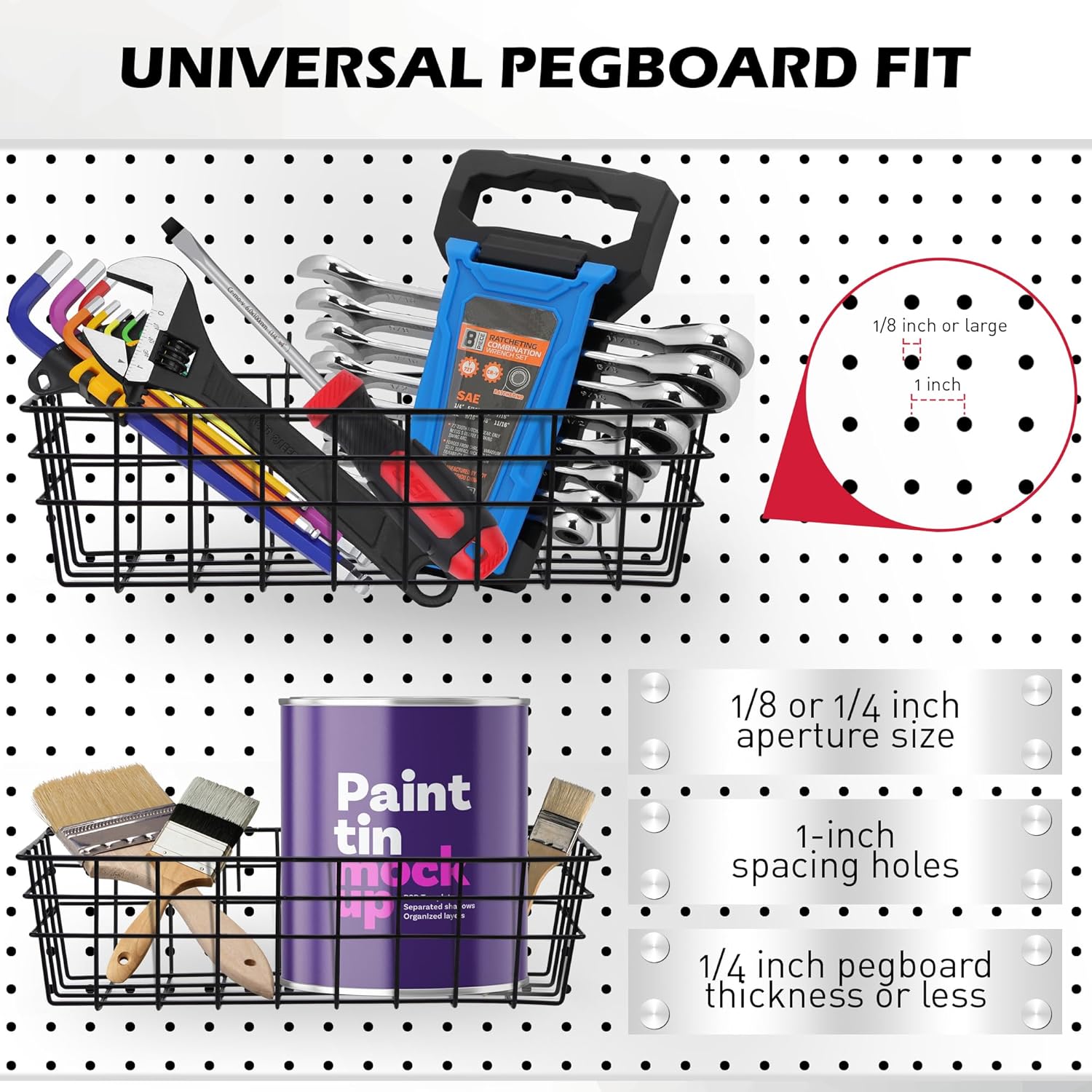 Premium Black Metal Wire Baskets | 5-Piece Heavy Duty Pegboard Organizer Set for Garage & Craft Room