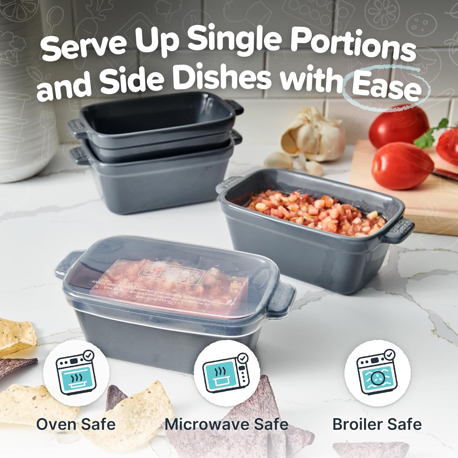 Souper Cubes Stoneware - Small 5" x 3" Ceramic Baking Dish Set with Silicone Covers | Ideal for Reheating Single Servings - Charcoal