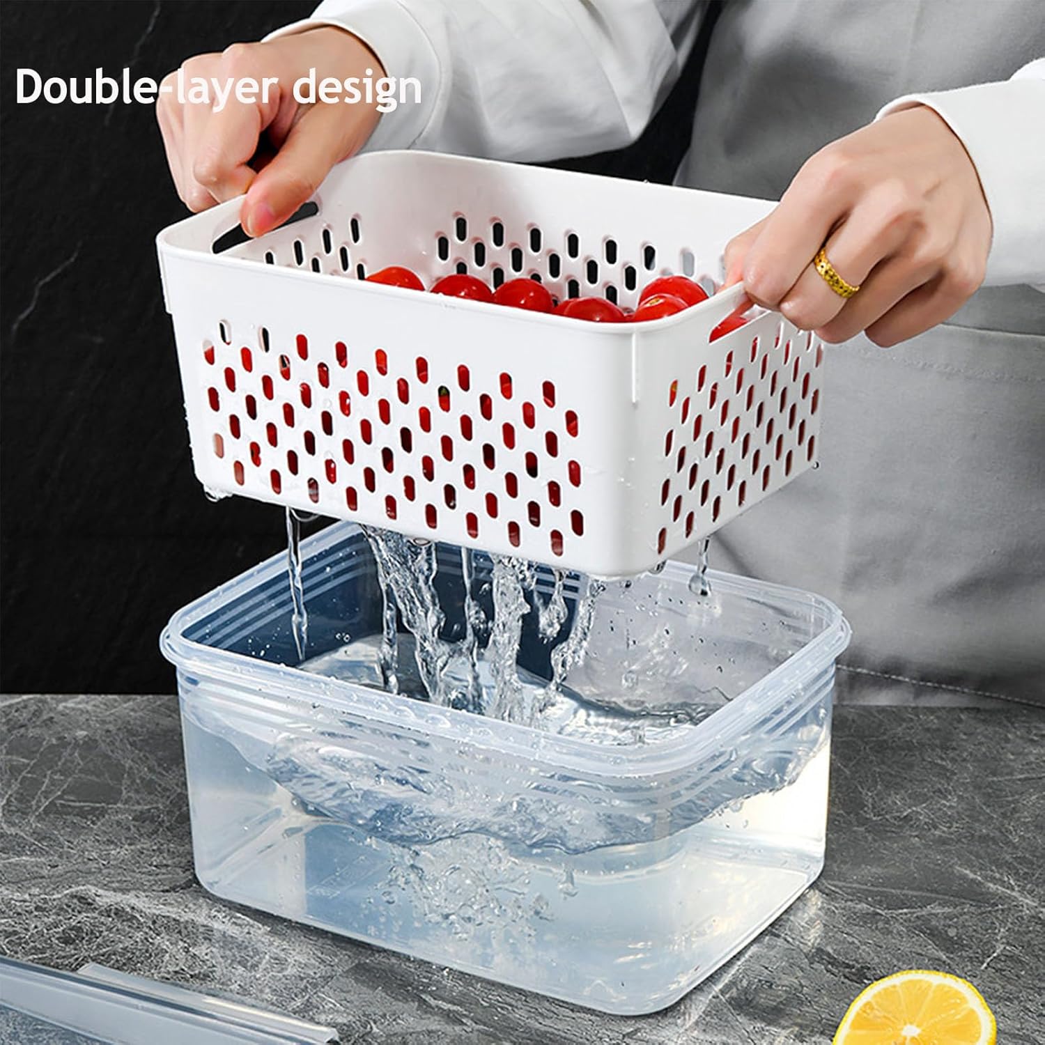 Skiennix Food Storage Containers - 4-in-1 Multipurpose with Removable Colander | Transparent Plastic, Gray (M+L)