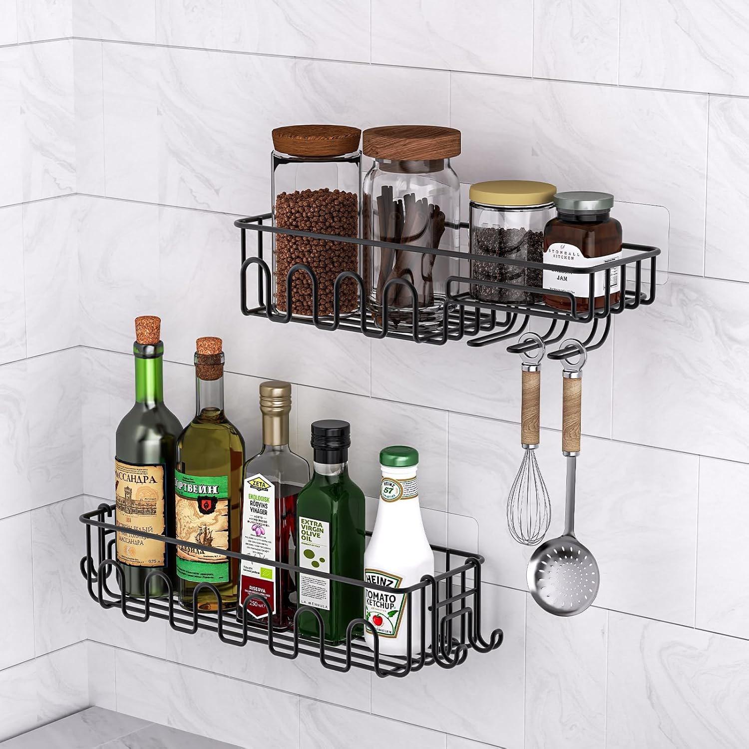 Saydear Adhesive Shower Caddy - Rustproof Metal Bathroom Storage Shelf with 2 Bonus Hooks | 4-Pack, Drill-Free Black