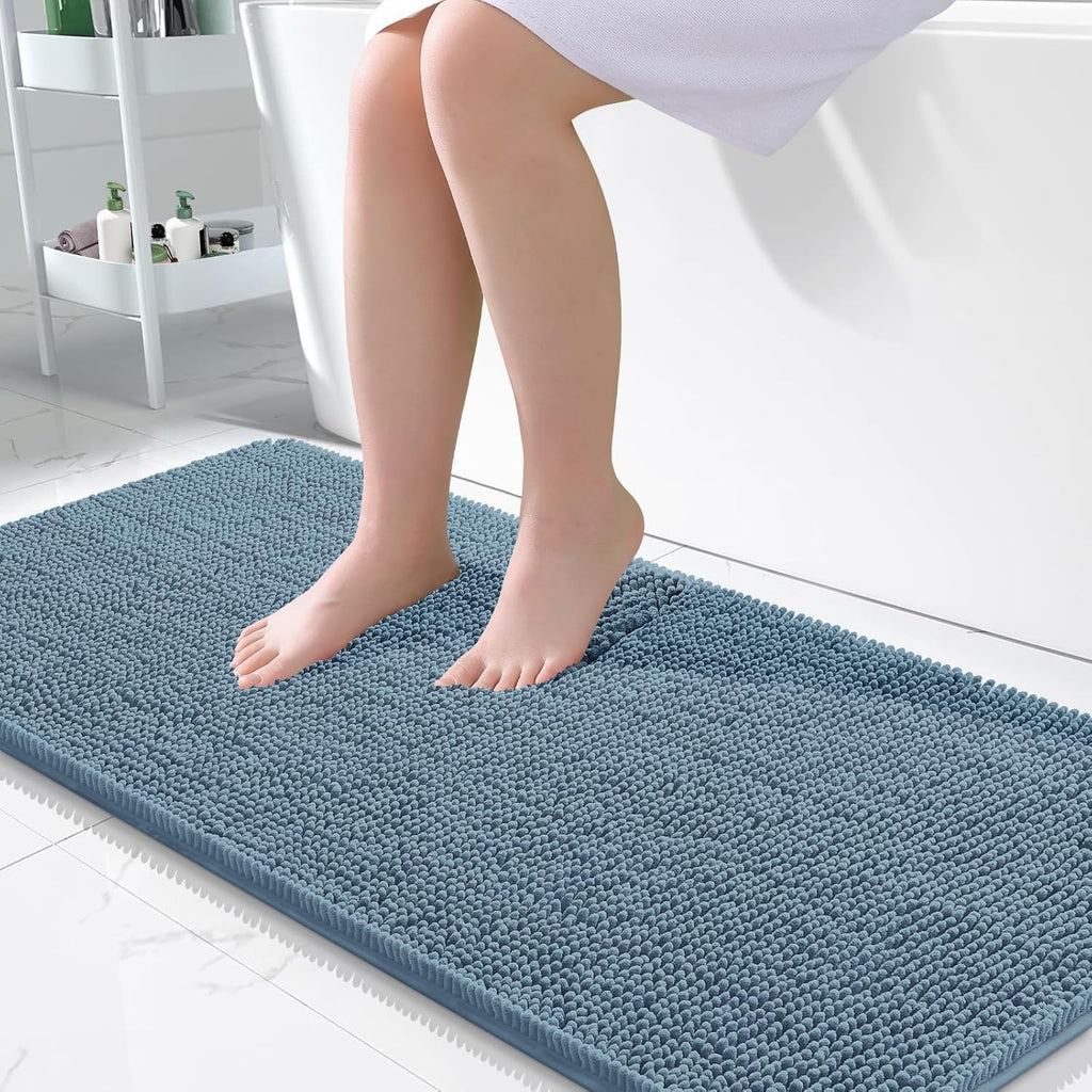 OLANLY Bathroom Runner Rugs - Soft Absorbent Chenille Mats | Quick Dry, Machine Washable, 47x24, Airy Blue