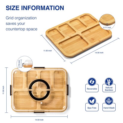 Charcuterie Board with Clear Lid, Portable Cheese Board with Dust-Proof Cover, Reversible Bamboo Cutting Board & Snack Tray, Easy-Open Latches for Picnics, Parties, Housewarming Gifts (6 Compartments)