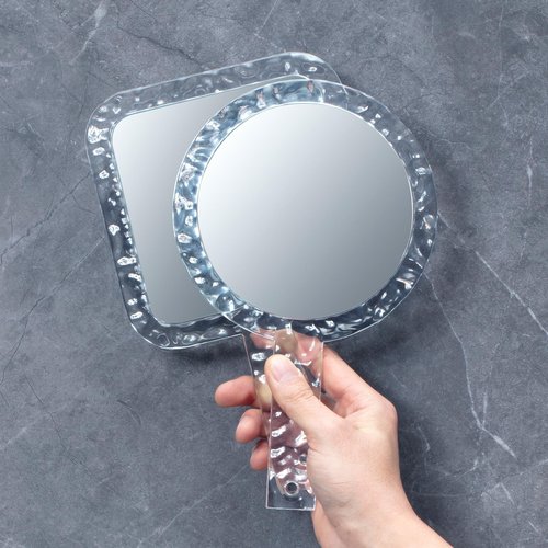 YEAKE Hand Mirror,Double-Sided Handheld 1X/5X Magnifying Mirror with Handle for Makeup, Shaving Mirror with Hole Hanging,Acrylic, 6.1" W x 10" L, Square Shape, Transparent 1 PC