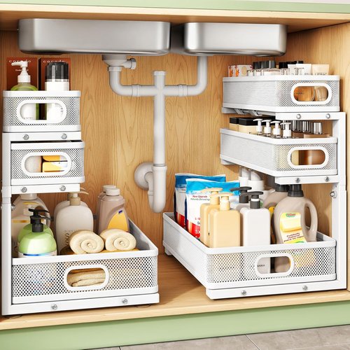 Kitstorack Under Sink Organizer - 2-Pack Adjustable 3-Tier Metal Storage Shelf | Ideal for Bathroom & Kitchen