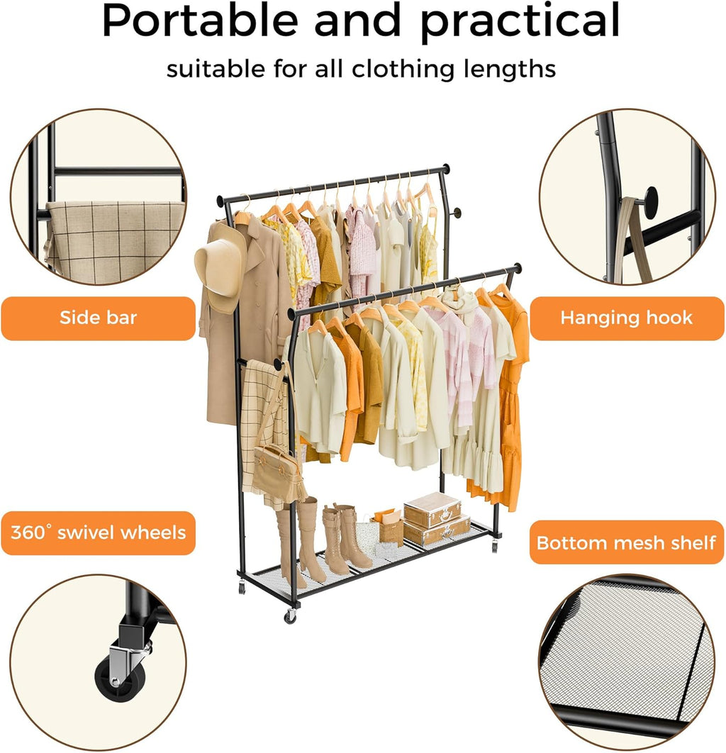 Skiennix Double Rods Clothes Rack - Portable Rolling Garment Rack with Hooks & Mesh Shelf | Black