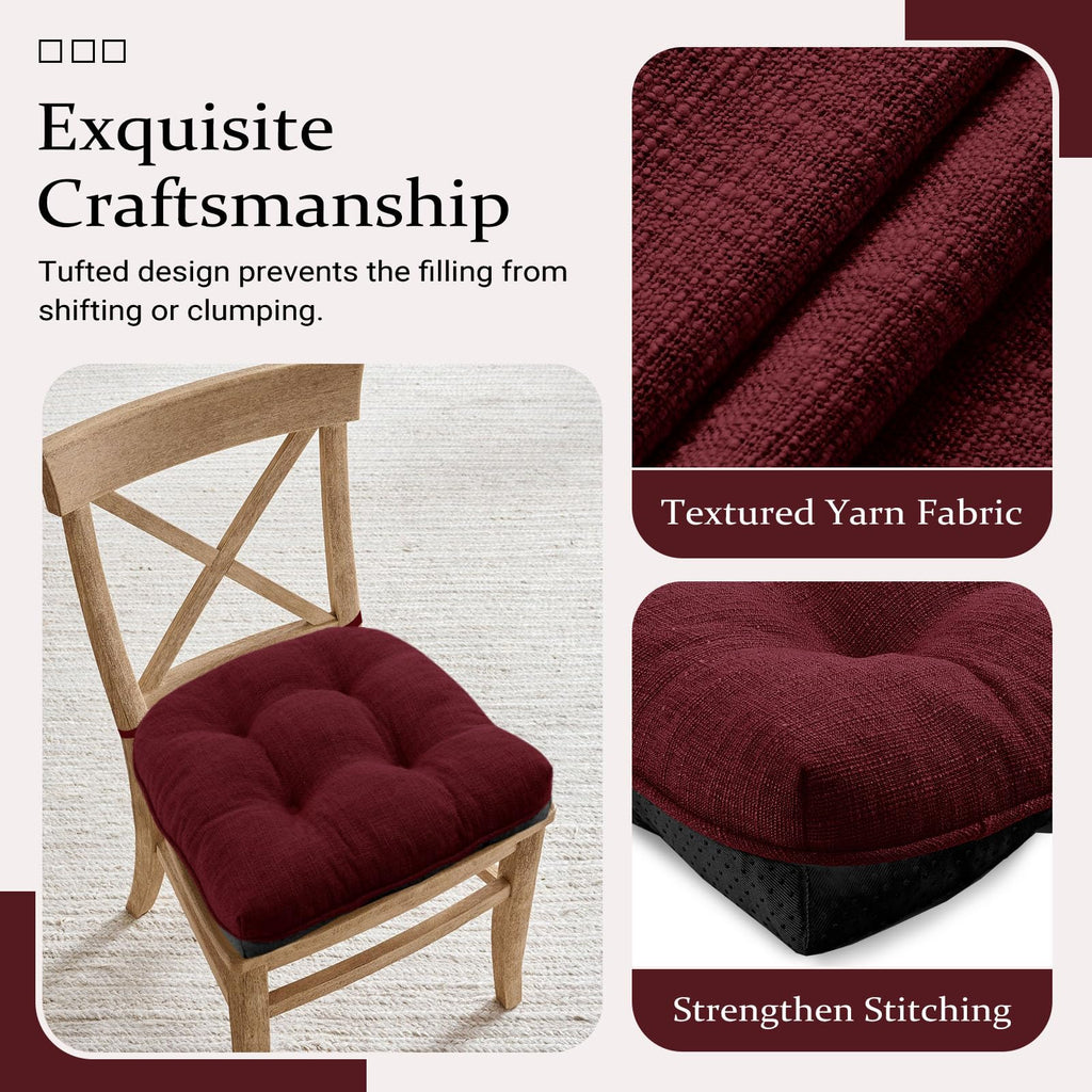 Wellsin Chair Cushions for Dining Chairs, Non-Slip Kitchen Chair Pads with Ties, Tufted Shredded Foam Kitchen Chair Cushions Set of 4, 15.5" X 15.5",Burgundy